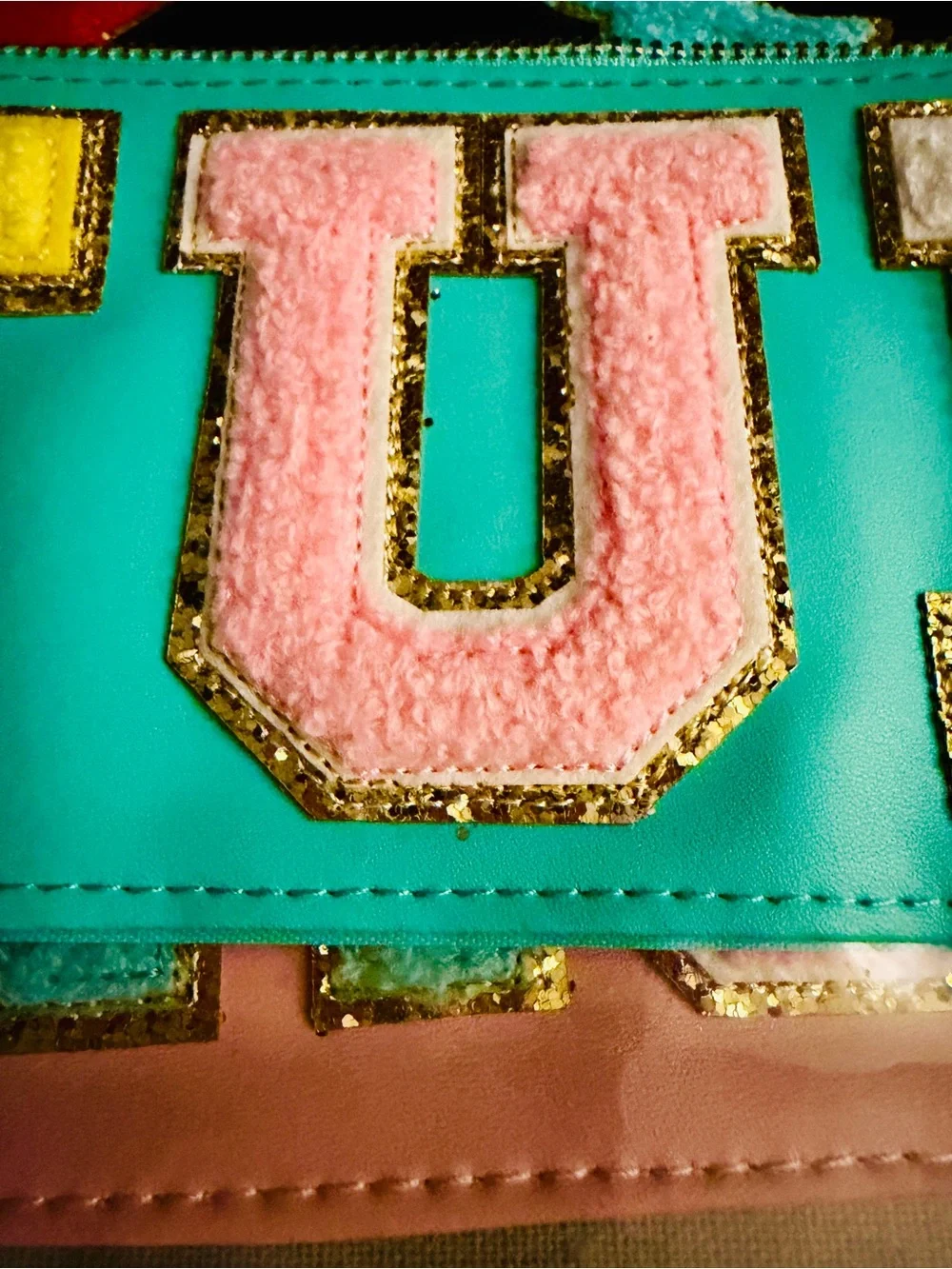 Translucent travel pouches with chenille varsity letters set of 3.